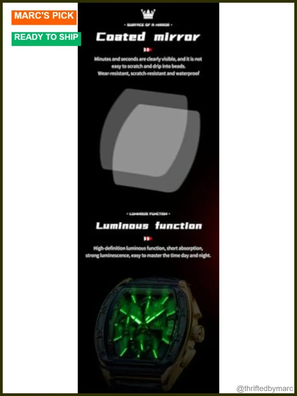 Quartz Chronograph Square Dress Watch Stainless Steel or Leather Waterproof